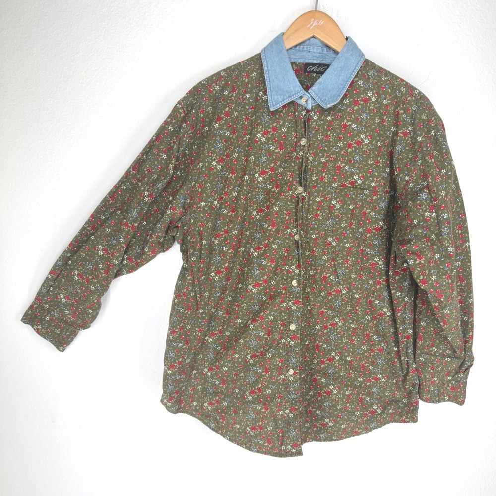 Vintage Womens Floral Button Down Shirt Olive Green Denim Collar Large Country